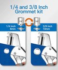 Heavy Duty Grommet Tool Kit With One Quarter Inch And Three Eighths Inch Punch Pliers shown with die heads and eyelets