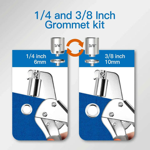 Heavy Duty Grommet Tool Kit With One Quarter Inch And Three Eighths Inch Punch Pliers shown with die heads and eyelets