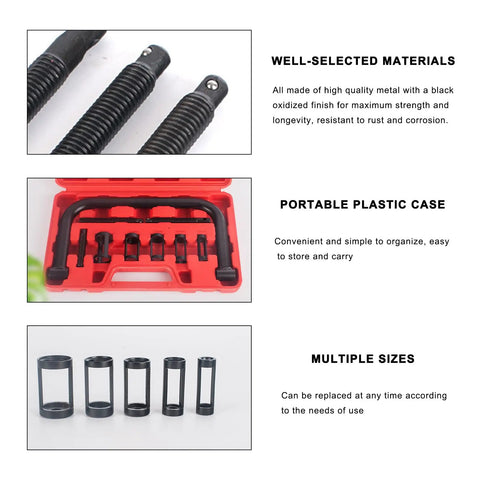 Valve Spring Compressor C Clamp Service Kit With Collet Pusher Adapters And Extension Rods For Motorcycle ATV Car And Small Engines Pro Grade, shown with case and components