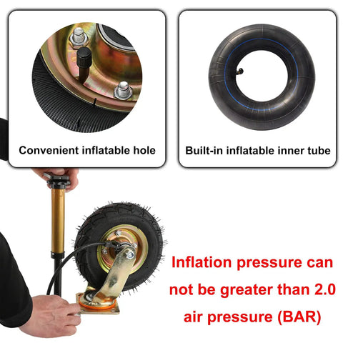 Tough As Nails 4 Piece Heavy Duty Pneumatic Rubber Caster Wheels showing inflation hole and inner tube design.