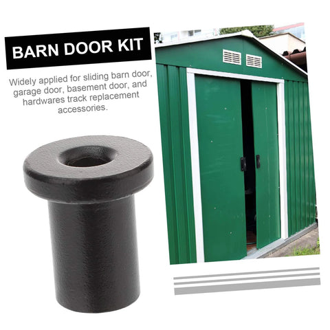 Five Piece Barn Door Track Spacers Black Replacement Hardware For Sliding Doors In Garage And Basement No Fuss Easy Installation Strong Durable Wall To Track Spacing That Keeps Doors Aligned And Runs Smoothly, showing a black spacer and a green sliding garage door in background.