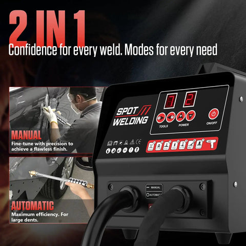 High Power Stud Welder Dent Repair Kit With Auto Body Spot Welding Machine 4200A 3500W displaying settings screen.