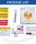 Package contents of Generator Interlock Kit For Eaton Cutler Hammer BR Series Panels with labels, interlock, drill bit, guide