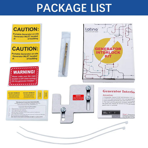 Package contents of Generator Interlock Kit For Eaton Cutler Hammer BR Series Panels with labels, interlock, drill bit, guide