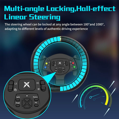 1080 Degree Magnetic Induction Racing Wheel with adjustable steering, multi-angle locking, and linear pedals for PC Windows 7/10/11