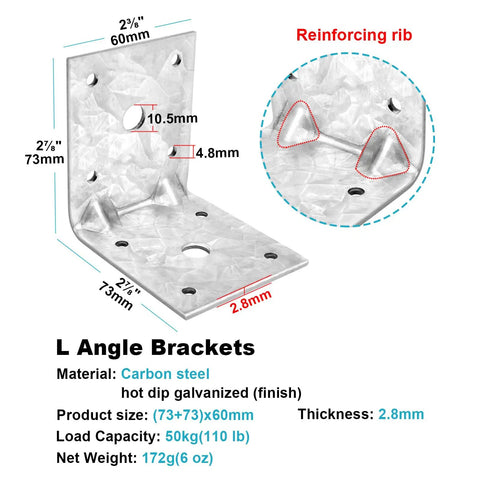10 Pack L Right Angle Brackets For Wood Built Tough Galvanized Steel Corner Braces, dimensions and reinforcing rib showcased
