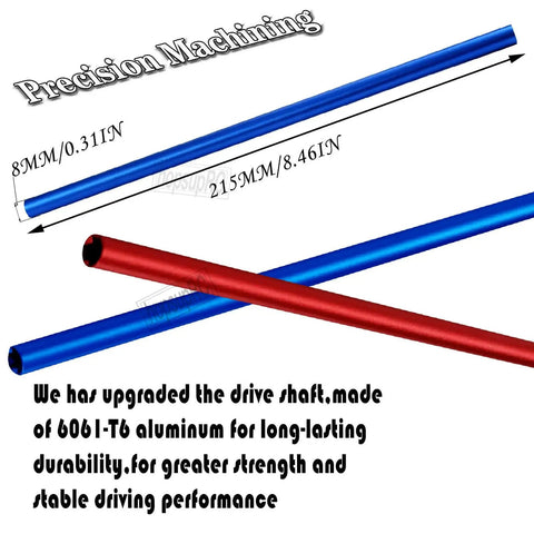 Beefed Up Pro Grade Aluminum Driveshaft Center in blue and red, 8mm diameter, 215mm length, for One Tenth Slash 4x4 VXL