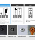 Rock solid 28-Piece Heavy-Duty Screw Extractor Set For Stripped And Rusty Bolts. Diagram for drilling and removing damaged screws