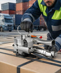 Heavy Duty Pneumatic Strapping Tool With 3500N Tension For Pet And Pp Bands securing a cardboard box in a warehouse.