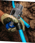Versatile 3-Piece Pipe Threading Tool Kit For Pvc And Metal Water Pipes Compatible With Electric Drills in use on a blue pipe.