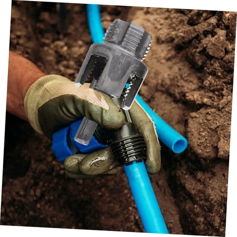 Versatile 3-Piece Pipe Threading Tool Kit For Pvc And Metal Water Pipes Compatible With Electric Drills in use on a blue pipe.