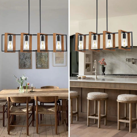 35.4 Inch Kitchen Island Lighting Dope Four Light Farmhouse Chandelier In Black Modern Pendant Lighting With Wood And Metal Finish