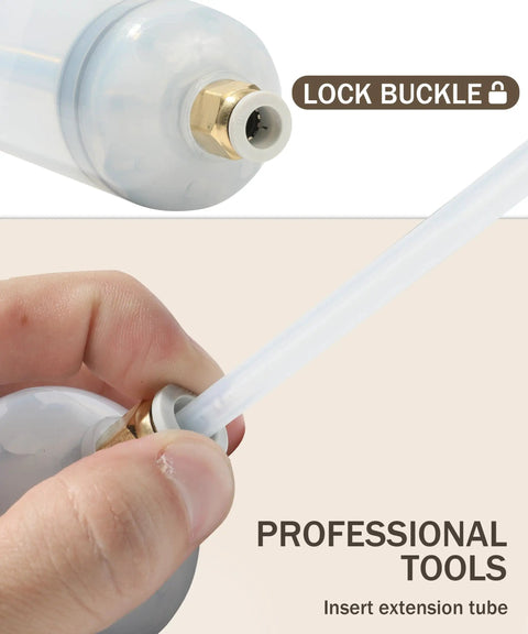 Heavy Duty Auto Fluid Extractor Pump With Non Drip Silicone Tubes For Slick Power Steering And Brake Oil Transfer Zero Mess essential tool showing the lock buckle and extension tube.