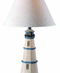 Coastal Nantucket Table Lamp In Antique White Finish, 31 Inch Tall lighthouse style with fabric shade, nautical decor