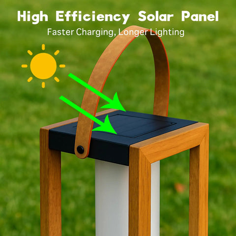 Rustic Solar Lantern For Outdoor Use With Portable Handle showing high efficiency solar panel on steel frame