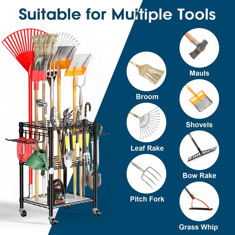 T1 Garden Tool Organizer With Lockable Wheels Heavy Duty Garage Storage For Yard Shed Outdoor And Lawn Freestanding Tool Organizer Stores Up To 50 Tools Black With Anti Tip Device displaying rakes, shovels, and brooms