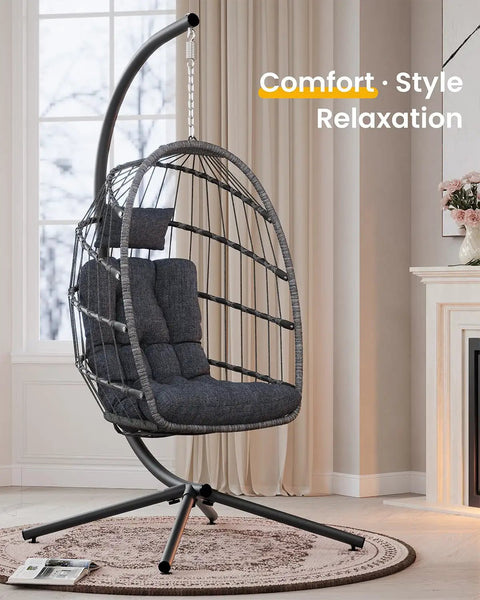 Comfy Hanging Egg Chair With Stand For Indoor Outdoor Use Wicker Patio Swing Chair With Cushions And Headrest Supports Up To 350 Pounds