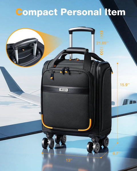 Lekespring underseat carry-on luggage with wheels, black 16-inch softside suitcase with orange trim and spinner wheels