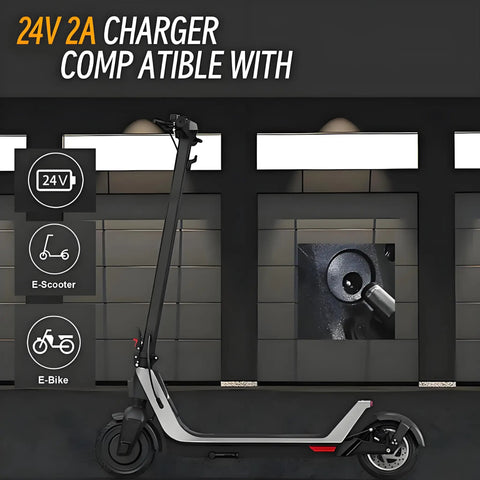 Fast 24V 2A Electric Scooter Charger For Power Chairs And Mobility Scooters, 48W Output, 100-240V AC Input, black and grey scooter