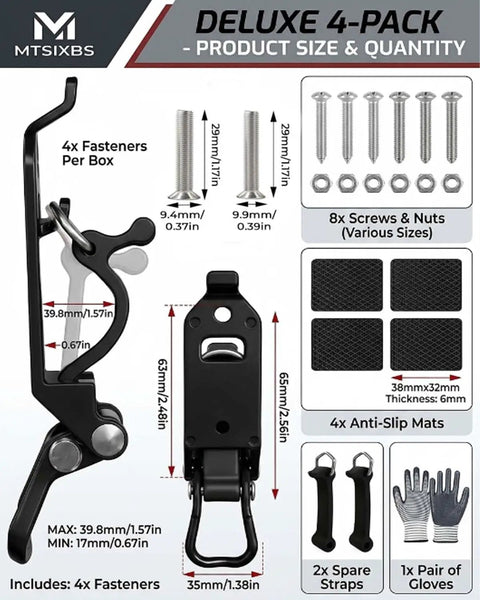 Heavy Duty Metal Rubber Shovel Mount and Axe Holder Kit for Truck Roof Rack parts diagram showing sizes and included items.