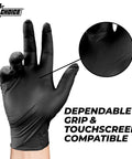 Top-Tier Black Nitrile Disposable Gloves In A Massive 1000-Count Box, 4 Mil Extra-Thick Cushioning X-Large Fit showing grip and texture.