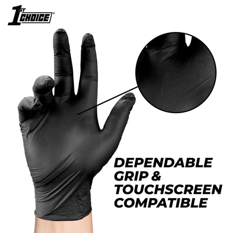 Top-Tier Black Nitrile Disposable Gloves In A Massive 1000-Count Box, 4 Mil Extra-Thick Cushioning X-Large Fit showing grip and texture.