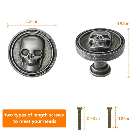 Six Pack Vintage Skull Cabinet Knobs Set With Zinc Alloy Single Hole Drawer Pulls, showing size and screws, rustic tin finish.