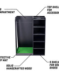 Premium Wooden Golf Bag Organizer And Storage Rack In Black with bag compartment, shelving for shoes, and accessory space, modern design.