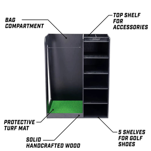 Premium Wooden Golf Bag Organizer And Storage Rack In Black with bag compartment, shelving for shoes, and accessory space, modern design.