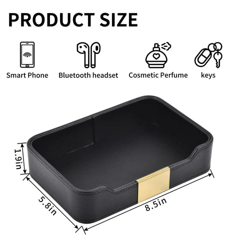 Lux Leather Valet Tray Desk Organizer And Nightstand Catchall Caddy For Jewelry, Watches, Keys, Phone, Wallet, Cosmetics, Remote, And Pen Water Resistant Anti Scratch Black, size 8.5x5.8x1.9 inches