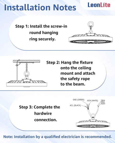 Installation notes for UFO LED High Bay Light 150W 21,700 Lumens 5000K Daylight Dimmable for warehouse use