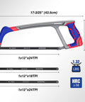 12 Inch Hacksaw With Extra Bi-Metal Blades, Heavy Duty Aluminum Frame, showing adjustable angles and blade specifications