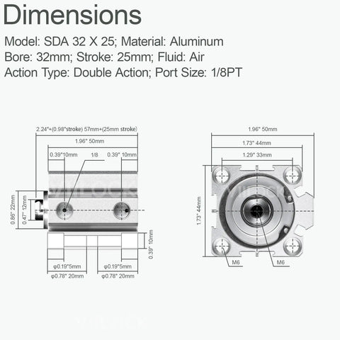 Diagram of Pneumatic Air Cylinder 32mm Bore 25mm Stroke Double Action SDA 32x25 Aluminum Alloy with 1/8 PT port dimensions