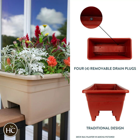 Deck Rail Planter Box 24 Inch With Drainage Plug Lightweight UV Resistant Plastic Outdoor Planter for Wood Deck Rails