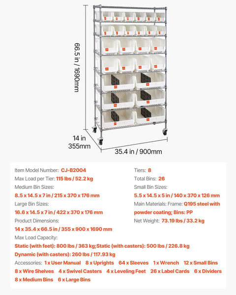 Eight Tier Rolling Storage Rack Featuring Twenty Six Modular Parts Bins Heavy Duty Steel Wire Shelving Cart With Smooth Locking Wheels For Pro Shop Space Zero Fuss Setup And Quick Label Slots