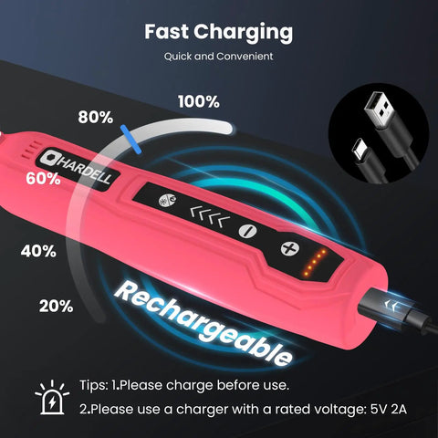 Mini Cordless Rotary Tool Kit With 5 Speed 3.7V Rechargeable USB Charging 129 Accessories, pink tool showing charging levels