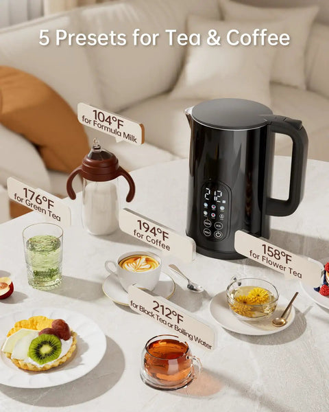 Cordless Electric Kettle With Temperature Control, 1.7L Stainless Steel Hot Water Kettle With 5 One-Touch Presets, Black