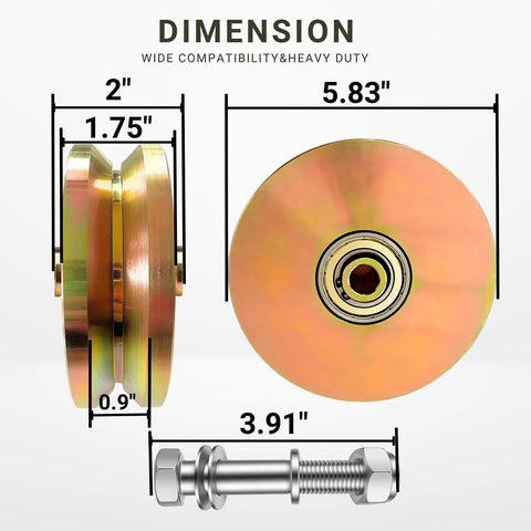 Built Like A Tank 6 Inch V Groove Sliding Gate Wheels Set Of 2, Double Bearing Steel Rollers For Industrial Gates and Inverted Tracks, 5000 lbs Capacity with dimensions displayed.
