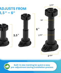 Heavy Duty Adjustable Furniture Leveling Feet Set Of 12 For Beds Desks Cabinets Shelves And Workbenches Non Slip Commercial Grade Support Easy Install Supports Up To 1000 Lbs Each Adjustable From 3.5 To 6 Inches, showing different adjustable sizes.