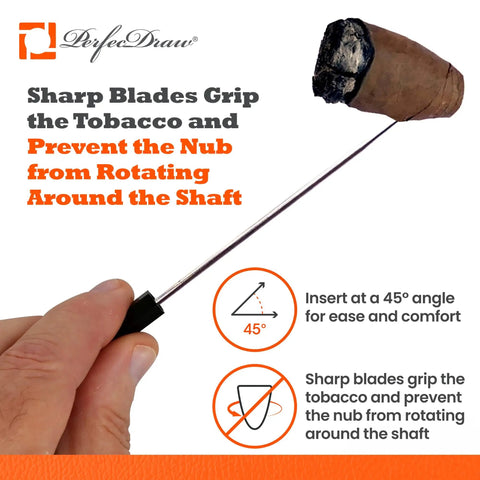 Cigar Draw Enhancer Tool And Nubber For Perfect Draw Every Time, Patented Technology, 5 Inch Accessory To Fix Tight Draws, hand-held with cigar at 45°