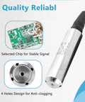 Close-up of submersible water level sensor with IP68 transmitter, showing chip for stable signal and anti-clogging design.