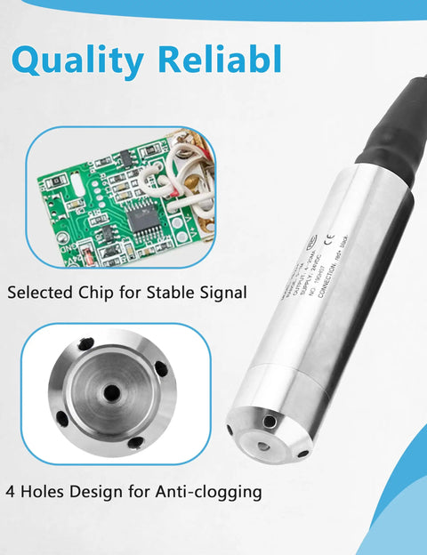Close-up of submersible water level sensor with IP68 transmitter, showing chip for stable signal and anti-clogging design.