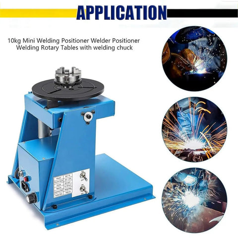 Heavy Duty Portable Welding Positioner Turntable With Foot Pedal Control And 65mm Chuck Runs Totally Slick On The Bench shown in blue with welding chuck.