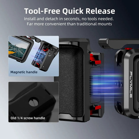 Quick release feature of Grip Kit With Cage For DJI Action 6 And Osmo Action 6, showing magnetic and old screw handle options.
