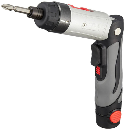 Heavy Duty Cordless Screwdriver Set Featuring Smooth Variable Speed Switches And Two Position Convertible Grip For No Sweat Home Repairs And Slick Electrical Installations. Close-up of screwdriver with variable speed controls.