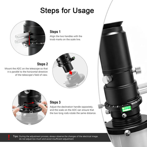 Steps to use 1.25 Inch Atmospheric Dispersion Corrector ADC for Telescopes with bubble level and adjustment knobs visible