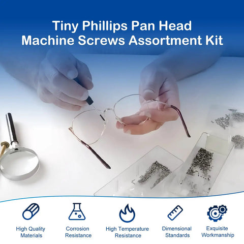 Hands repairing eyeglasses with Huge 1600Pcs Tiny Phillips Pan Head Machine Screws Set For Eyeglasses RC Models Electronics And DIY Projects Nickel Plated Carbon Steel Metric Micro Screws From M1 To M1.7