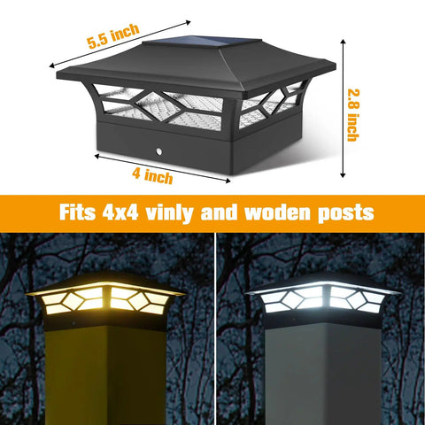 Slick Heavy Duty Solar Post Cap Lights Outdoor 12 Pack Waterproof, 4x4 cap light fitting on wooden post with warm and cool white glow.