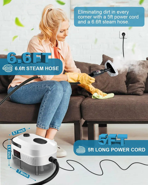 Hefty Handheld Steam Cleaner With Badass 2500 Watt Power And Snappy Fifteen Second Heat Up for cleaning upholstery with a 6.6ft hose.