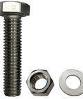 Stainless steel 1/4-20 hex bolt with nut and washer (front view)
